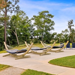 row of hammocks outside